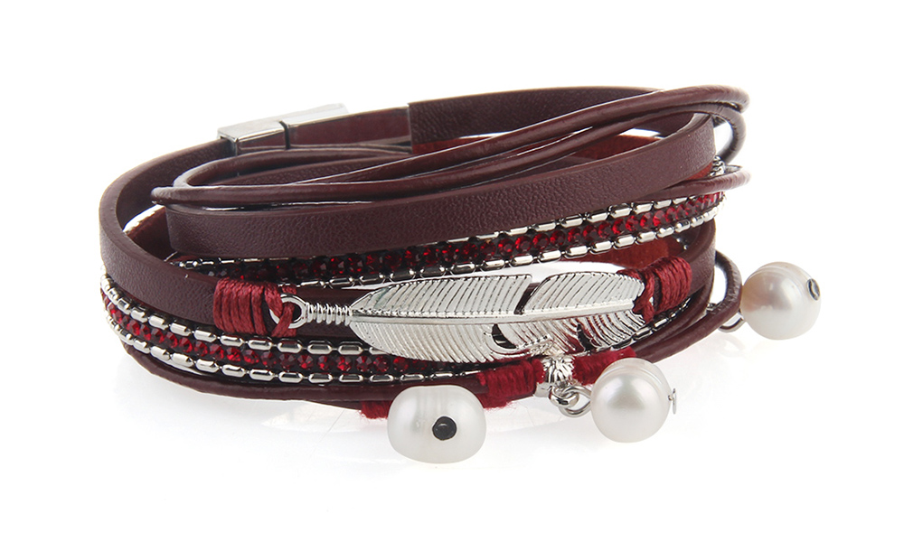 Hot Selling New Fashion Summer Wind Personality Multilevel Cowhide Pearls Feather Bracelet