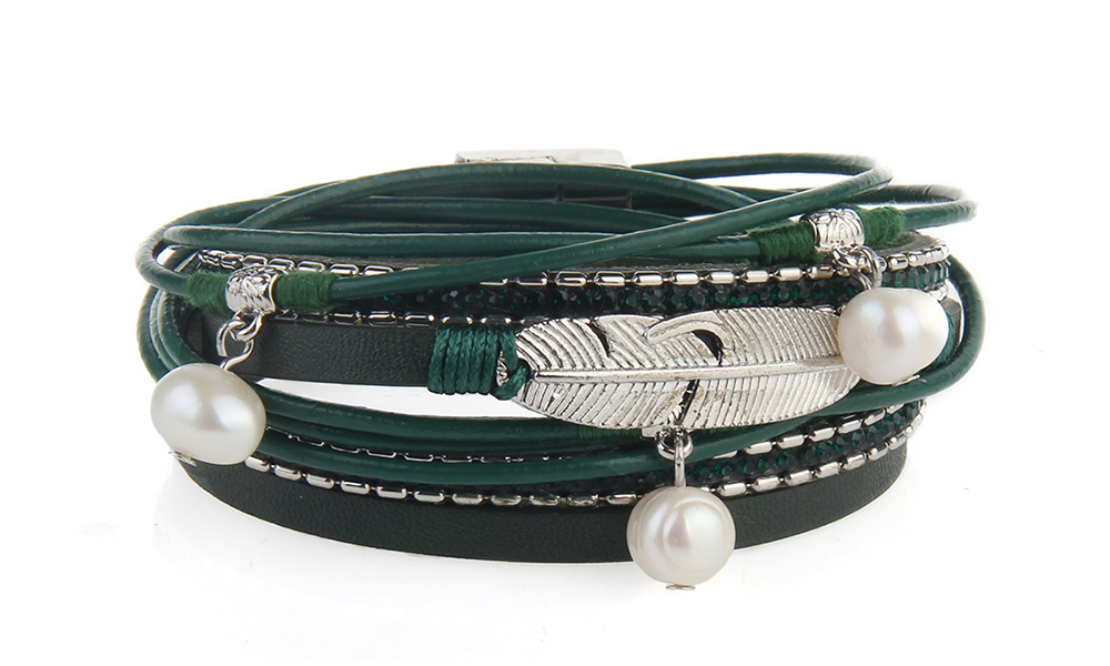 Hot Selling New Fashion Summer Wind Personality Multilevel Cowhide Pearls Feather Bracelet