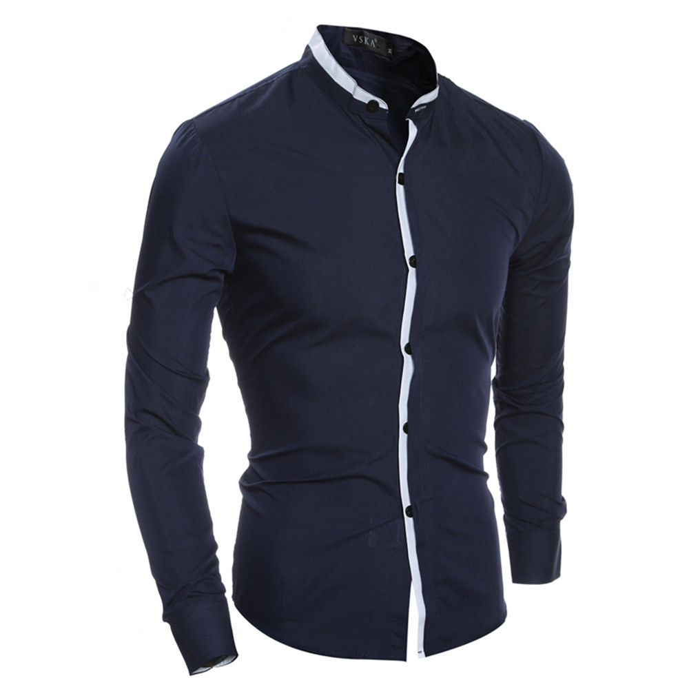New Fashion Collar Color Matching Men's Casual Slim Long Sleeve Shirt ...