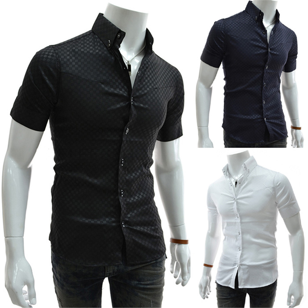 New Fashion Dark Plaid Men's Slim Short-Sleeve Shirt