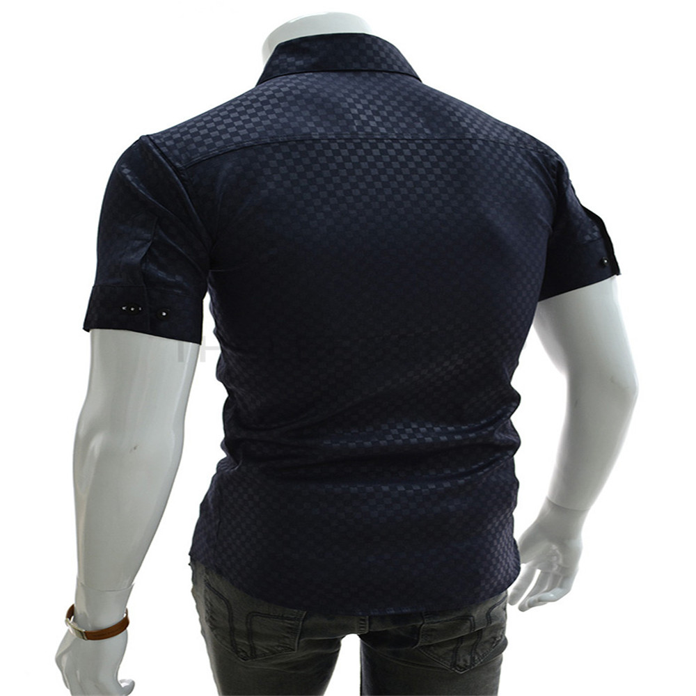 New Fashion Dark Plaid Men's Slim Short-Sleeve Shirt