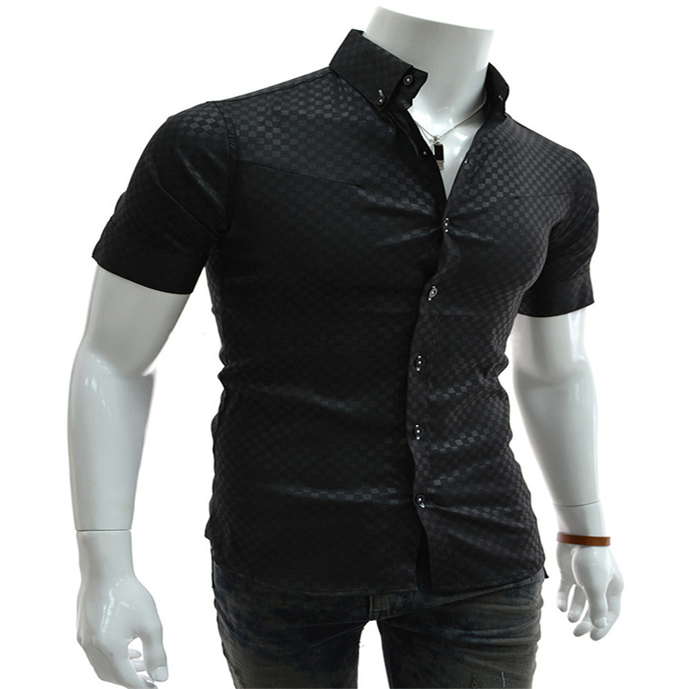 New Fashion Dark Plaid Men's Slim Short-Sleeve Shirt