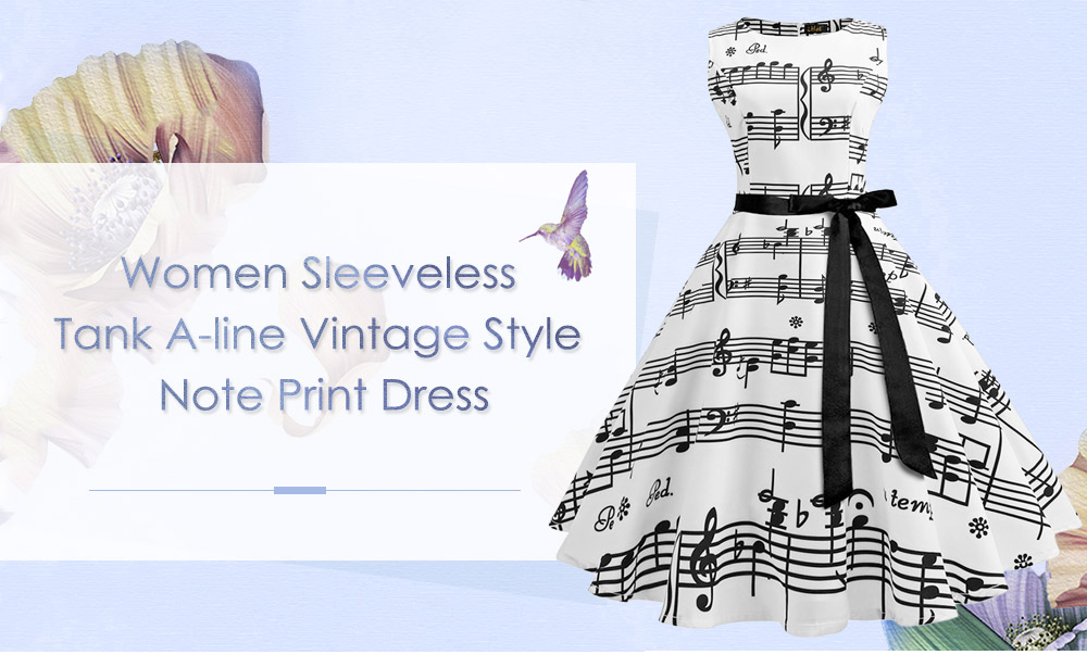 Vintage Boat Neck Sleeveless Belted A-line Women Note Print Dress