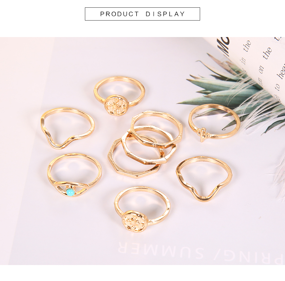 Europe and America Golden Fashion Wave Rainbow Eye Turquoise Set Ring