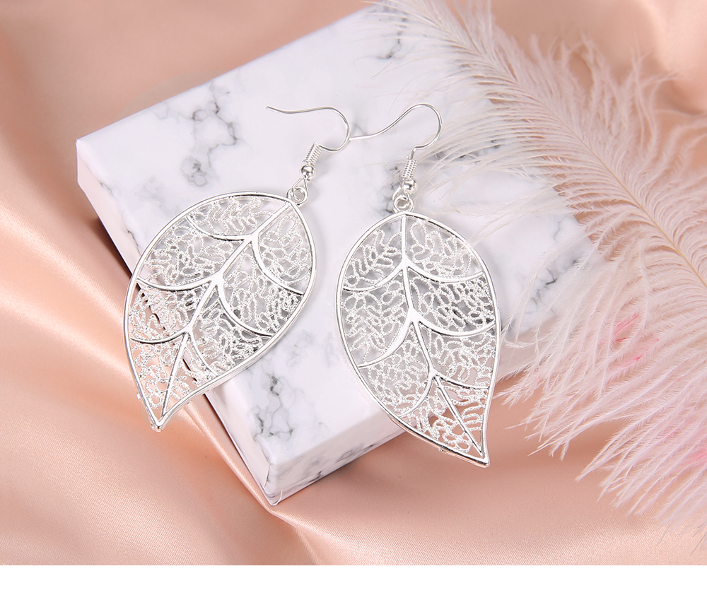 Silver Plated Openwork Tree Leaf Earrings Creative Exaggerated Earrings Jewelry