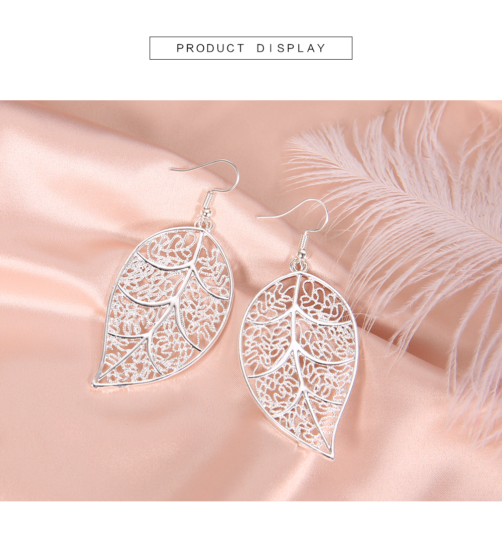 Silver Plated Openwork Tree Leaf Earrings Creative Exaggerated Earrings Jewelry