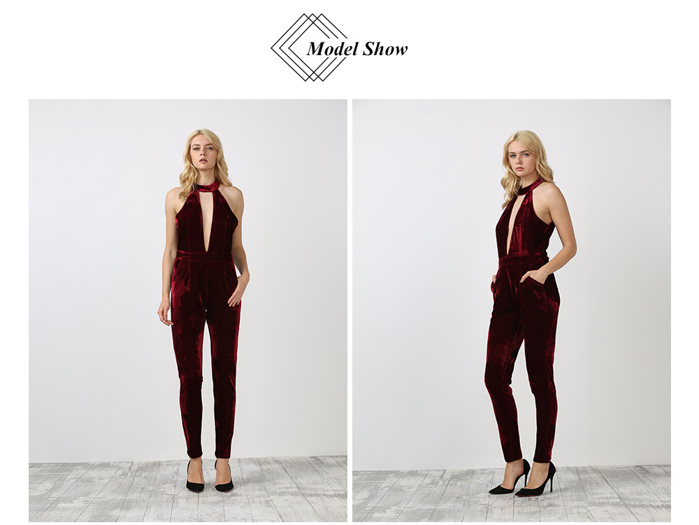 Stylish Round Collar Hollow Out Backless Pocket Velvet Jumpsuit for Women