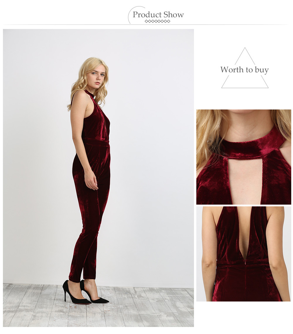 Stylish Round Collar Hollow Out Backless Pocket Velvet Jumpsuit for Women