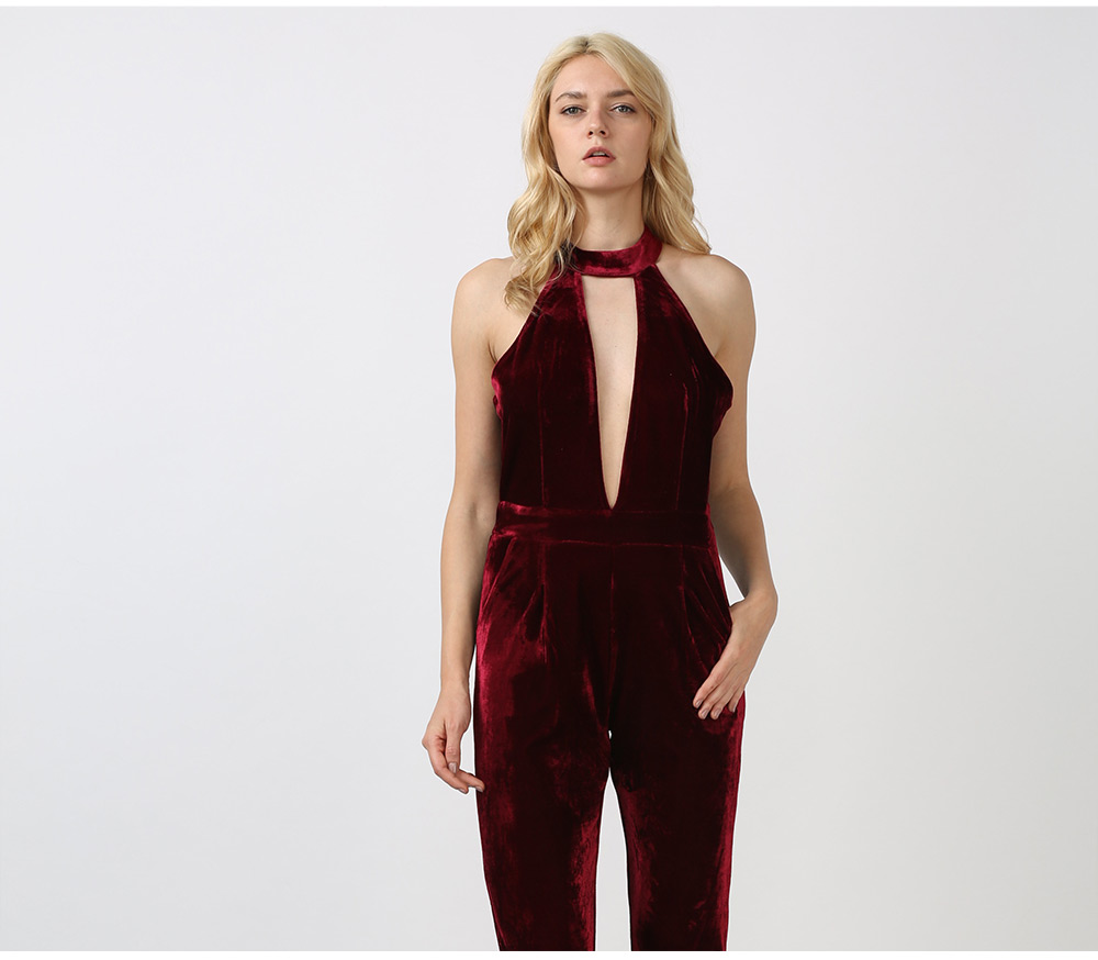 Stylish Round Collar Hollow Out Backless Pocket Velvet Jumpsuit for Women