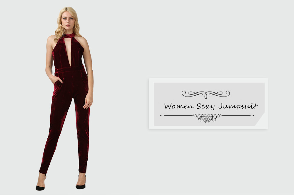 Stylish Round Collar Hollow Out Backless Pocket Velvet Jumpsuit for Women