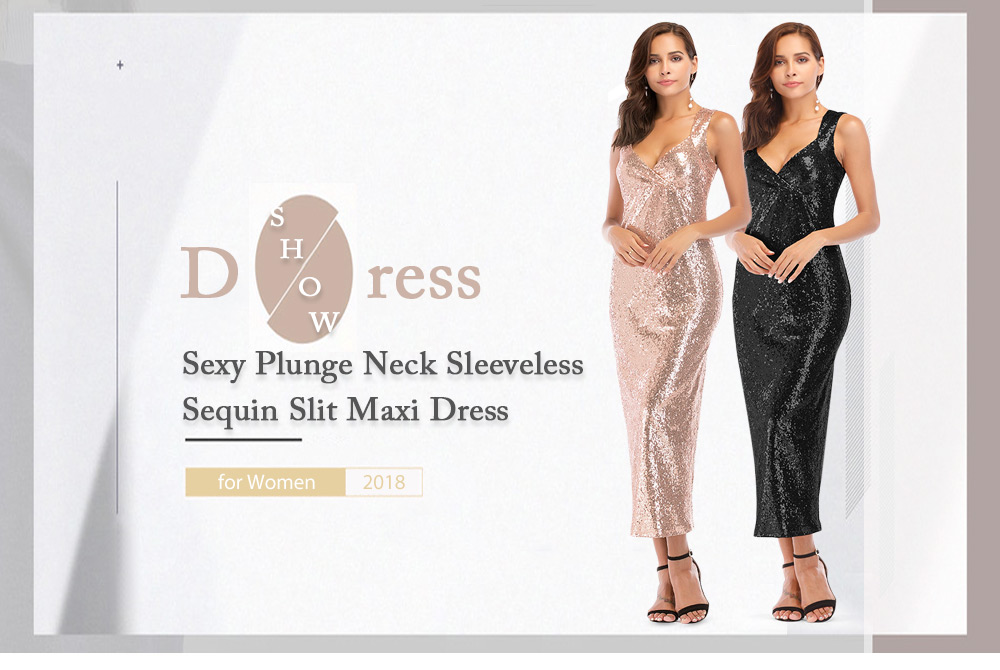 Sexy Plunge Neck Sleeveless Sequin Slit Bodycon Women Maxi Dress