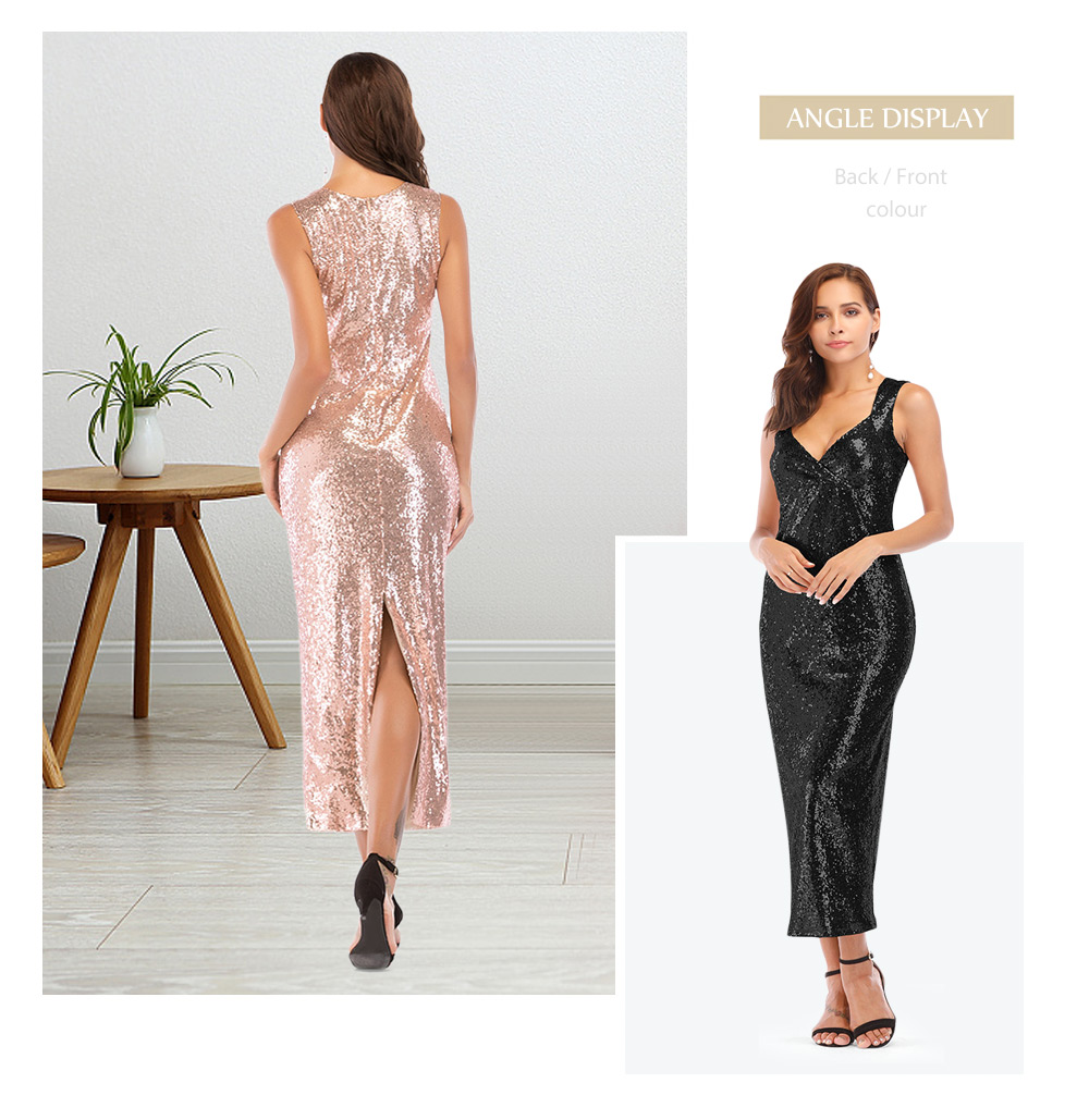 Sexy Plunge Neck Sleeveless Sequin Slit Bodycon Women Maxi Dress