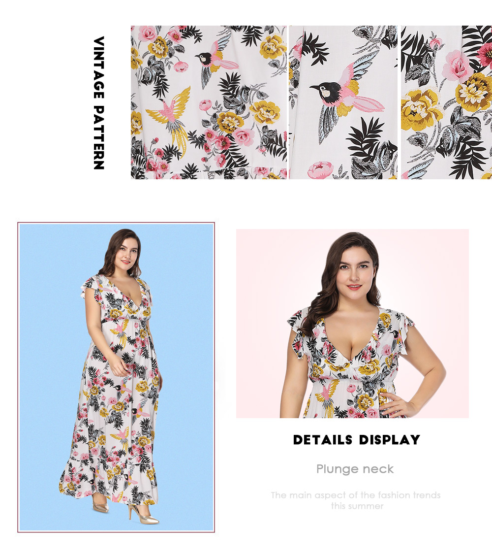 Sexy Plunge Neck Short Sleeve Floral Print Plus Size Ruffle Women Maxi Dress