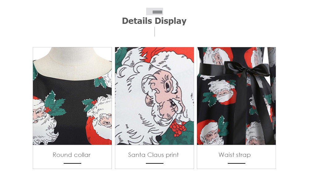 Round Collar Long Sleeve Santa Claus Christmas Print Belted A-line Women Dress