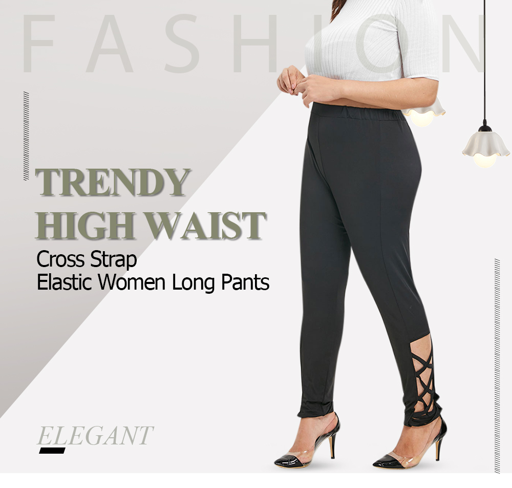 Trendy High Waist Cross Strap Elastic Women Long Pants Trousers