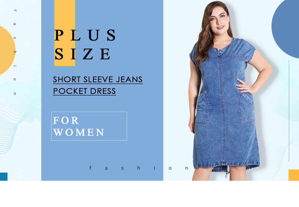Plus Size Denim Women Knee Length Short Sleeve Casual Jeans Pocket Dress