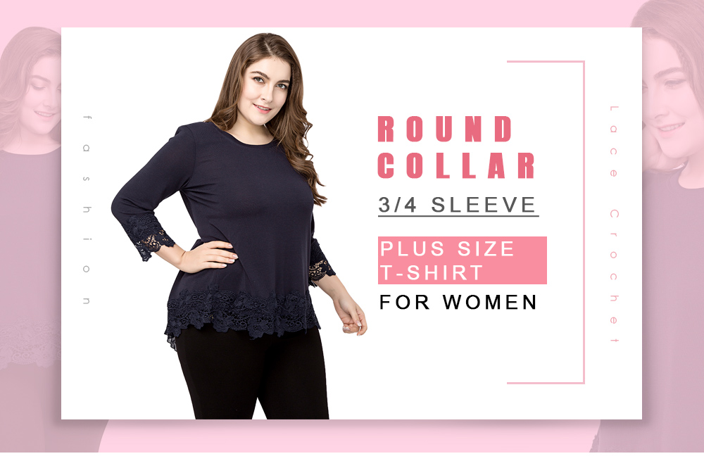 Round Collar 3/4 Sleeve Lace Crochet Spliced Mesh Zipper Bowknot Plus Size Women T-shirt
