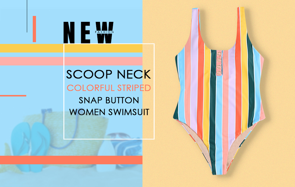 Sexy Scoop Neck Sleeveless Colorful Striped Backless Snap Button Padded Women Swimsuit