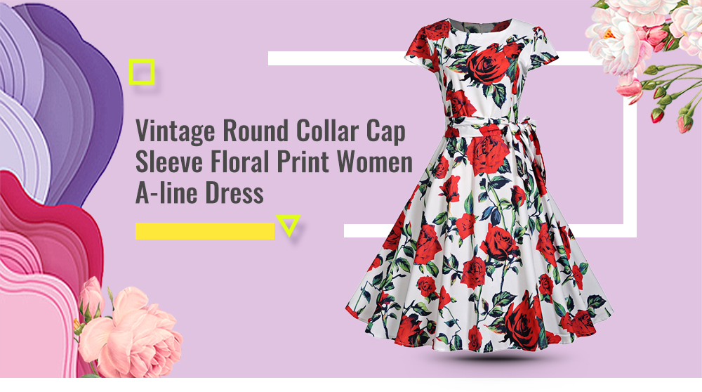 Round Collar Cap Sleeve Floral Print Belt Swing Vintage Women A-line Dress