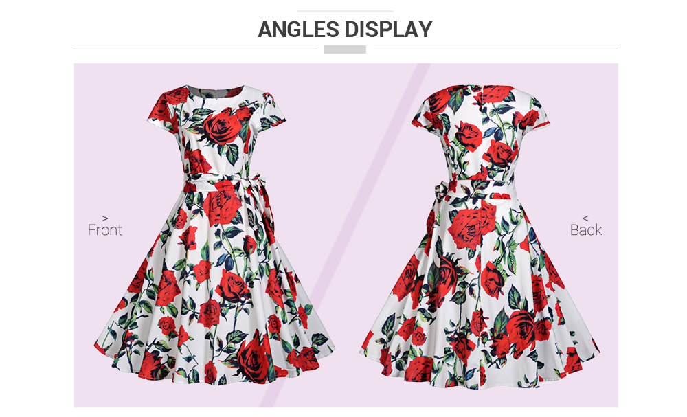 Round Collar Cap Sleeve Floral Print Belt Swing Vintage Women A-line Dress