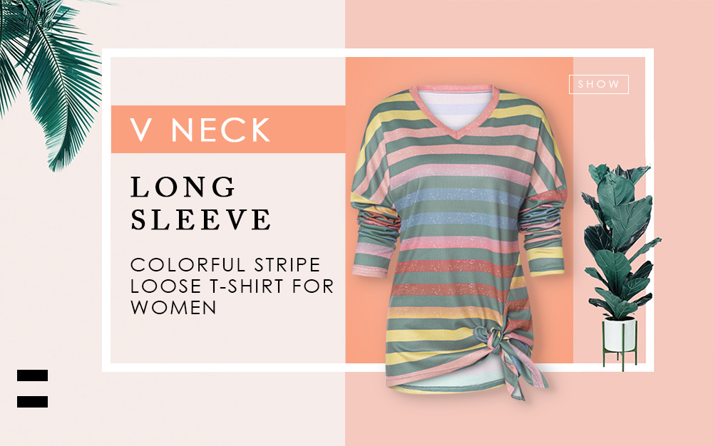 V Neck Long Sleeve Colorful Stripe Print Tied Loose Women T-shirt