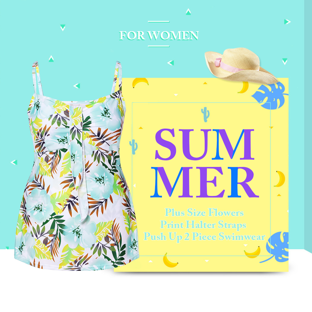 Plus Size Flowers Print Straps Push Up 2 Piece Swimwear Tankini for Women