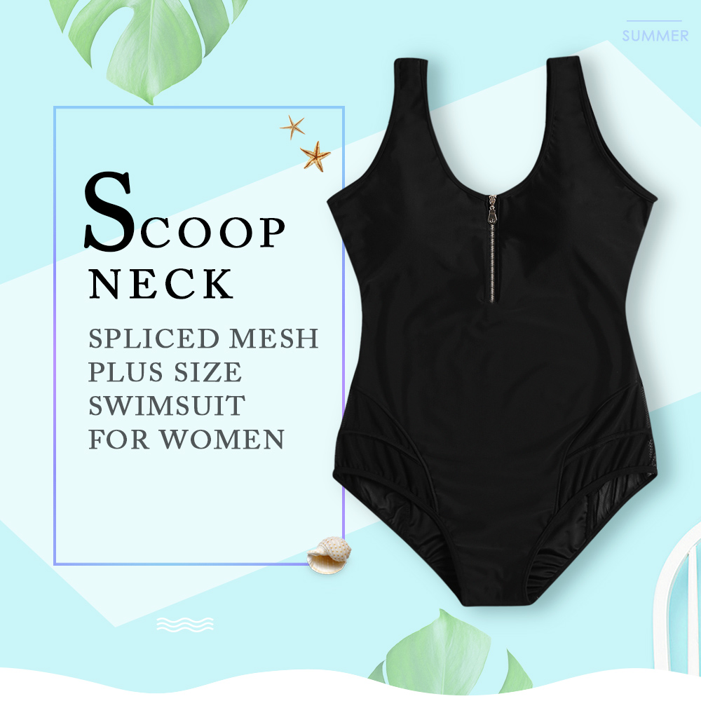 Scoop Neck Backless Padded Spliced Mesh Zipper Plus Size Women Swimsuit