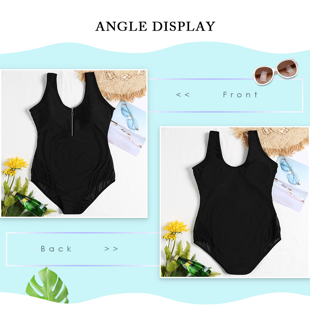 Scoop Neck Backless Padded Spliced Mesh Zipper Plus Size Women Swimsuit