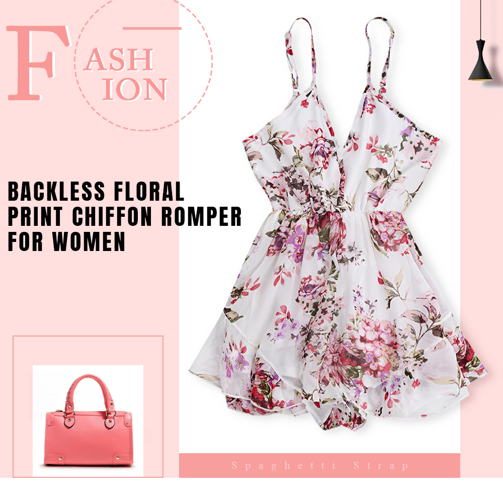 Spaghetti Strap Backless Floral Print Chiffon Women Romper