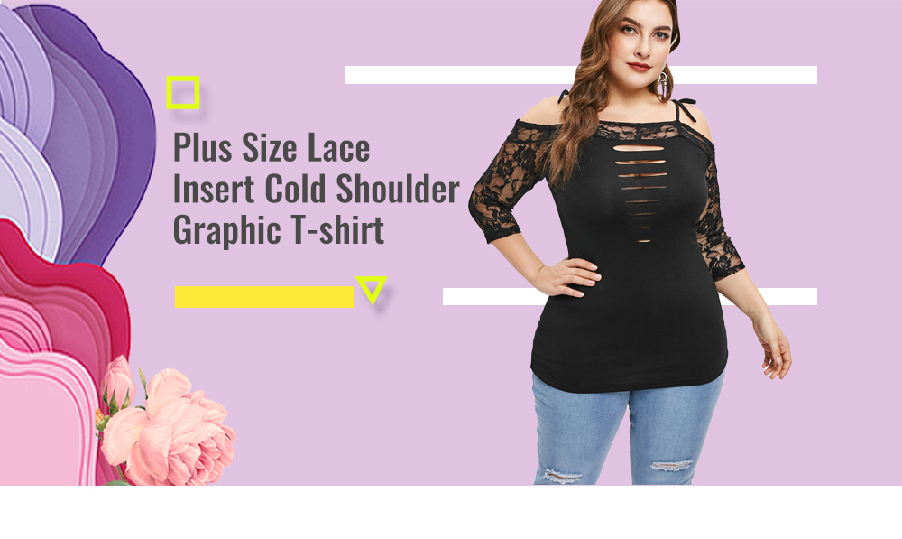 Plus Size Lace Insert Cold Shoulder Graphic T-shirt