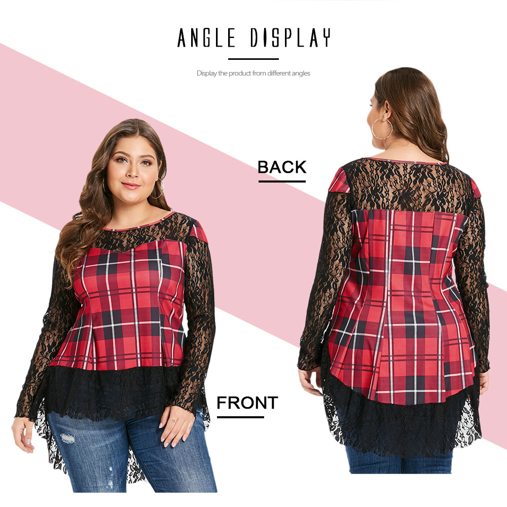 Plus Size Tartan Print Lace Panel T-shirt