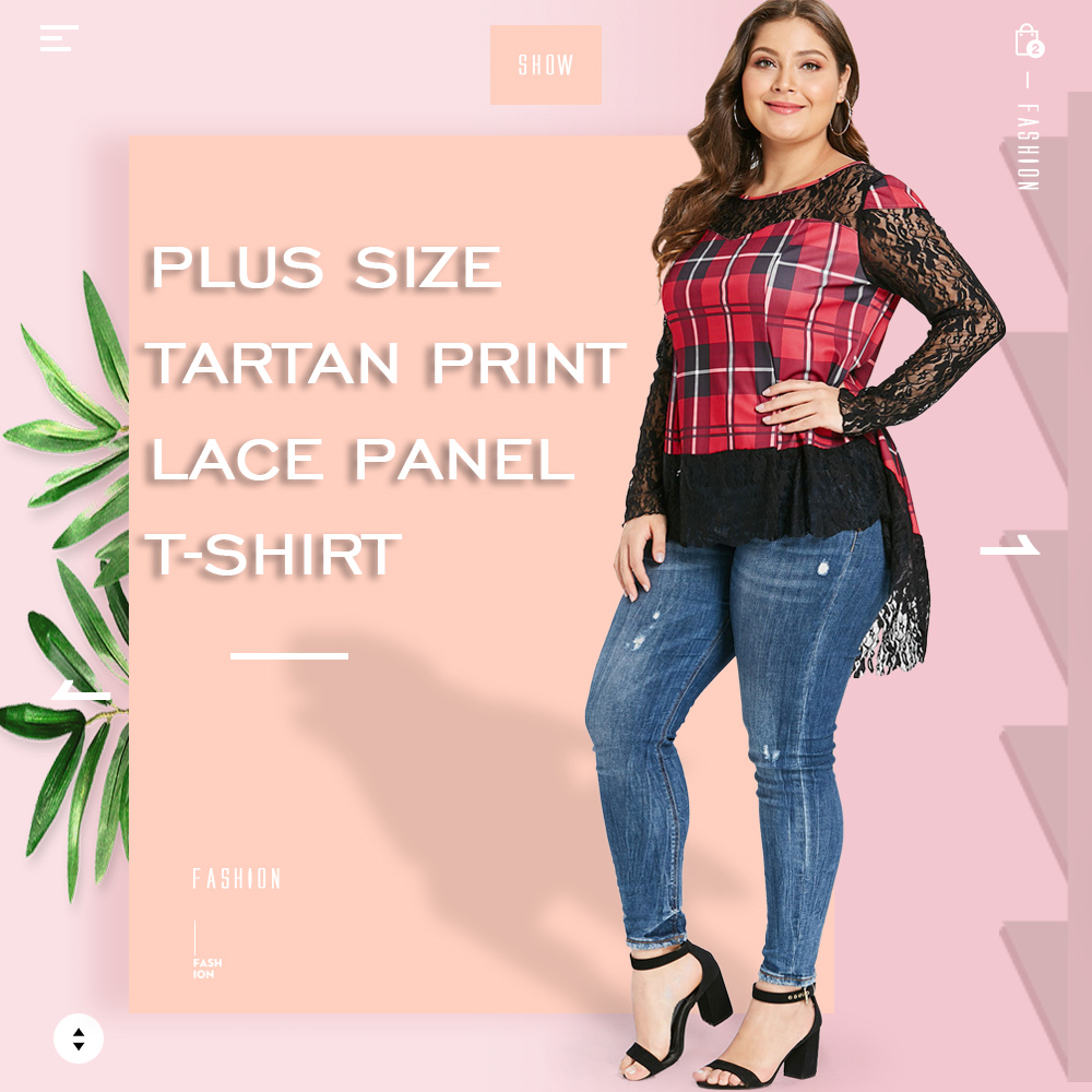 Plus Size Tartan Print Lace Panel T-shirt