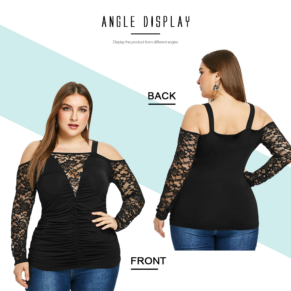 Plus Size Cold Shoulder Lace Insert Pleated T-shirt