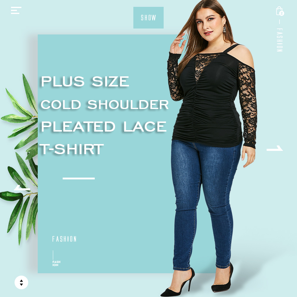 Plus Size Cold Shoulder Lace Insert Pleated T-shirt