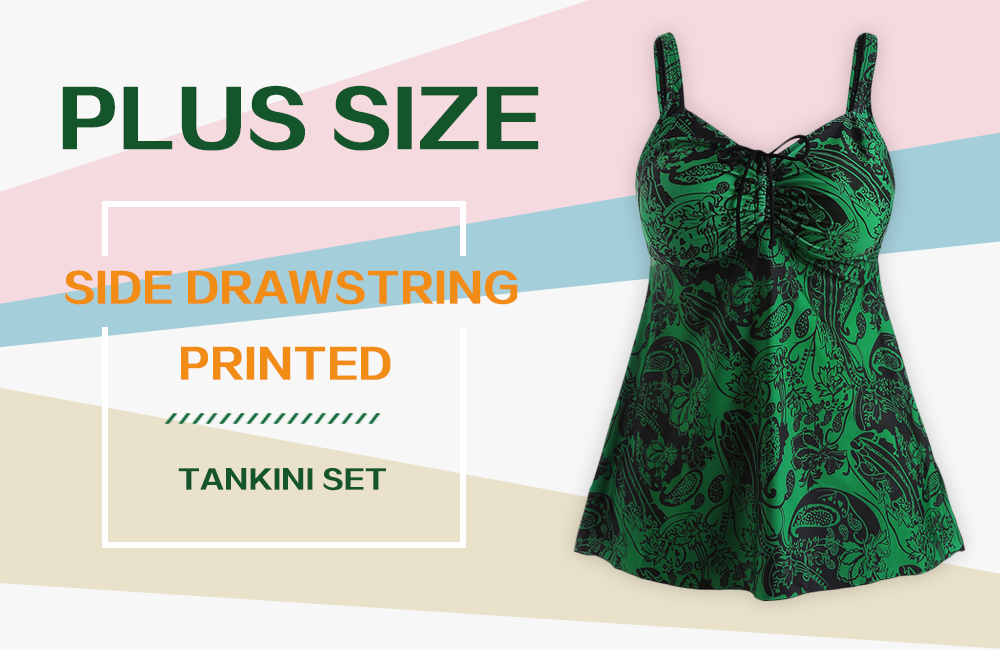Plus Size Side Drawstring Printed Tankini Set