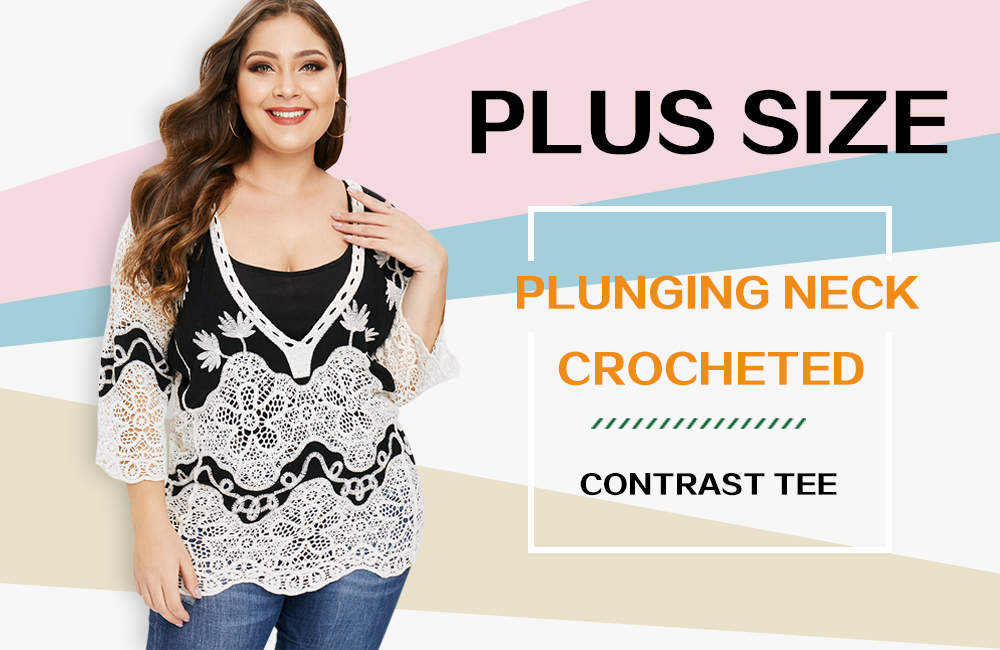 Plus Size V Neck Crocheted Tee