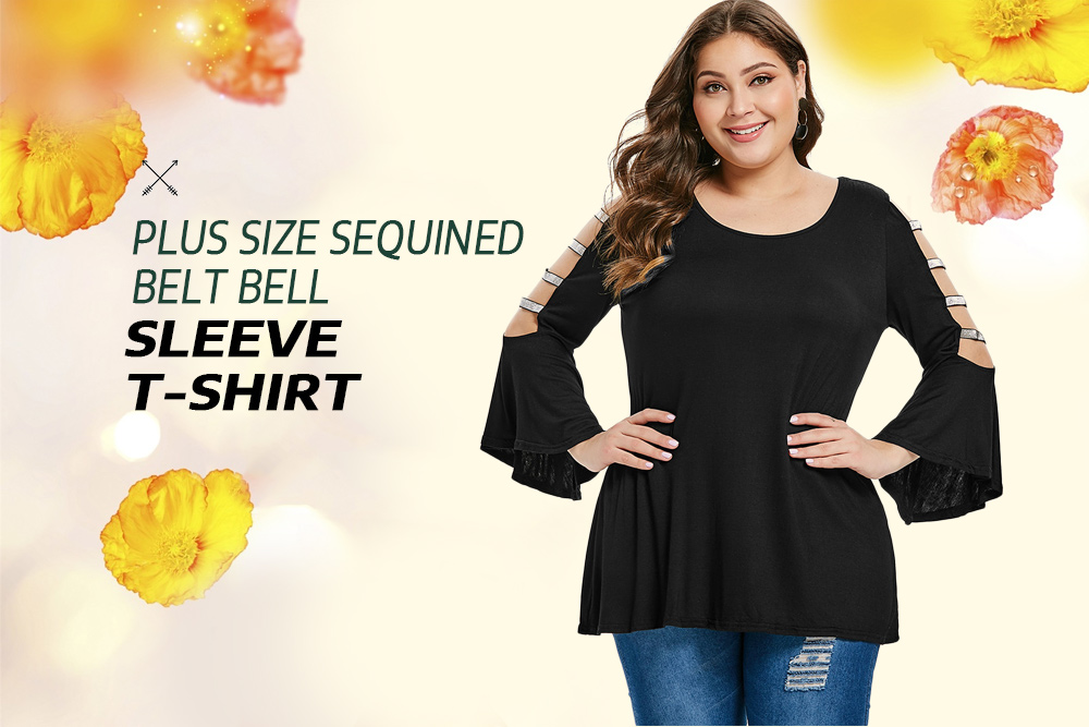 Plus Size Sequined Belt Bell Sleeve T-shirt