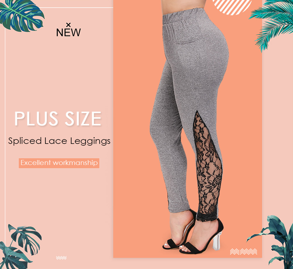 Plus Size Lace Insert Pocket Ninth Leggings