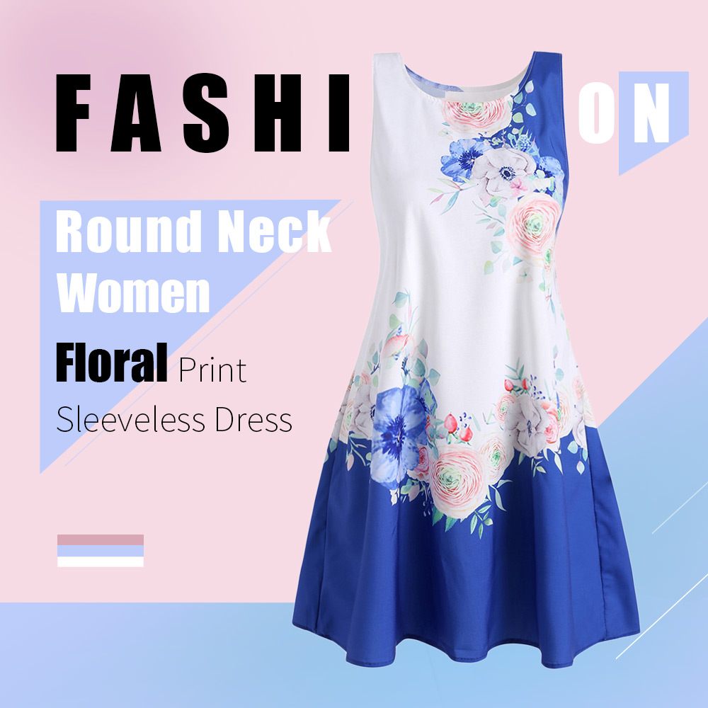 Round Neck Floral Print Sleeveless Dress