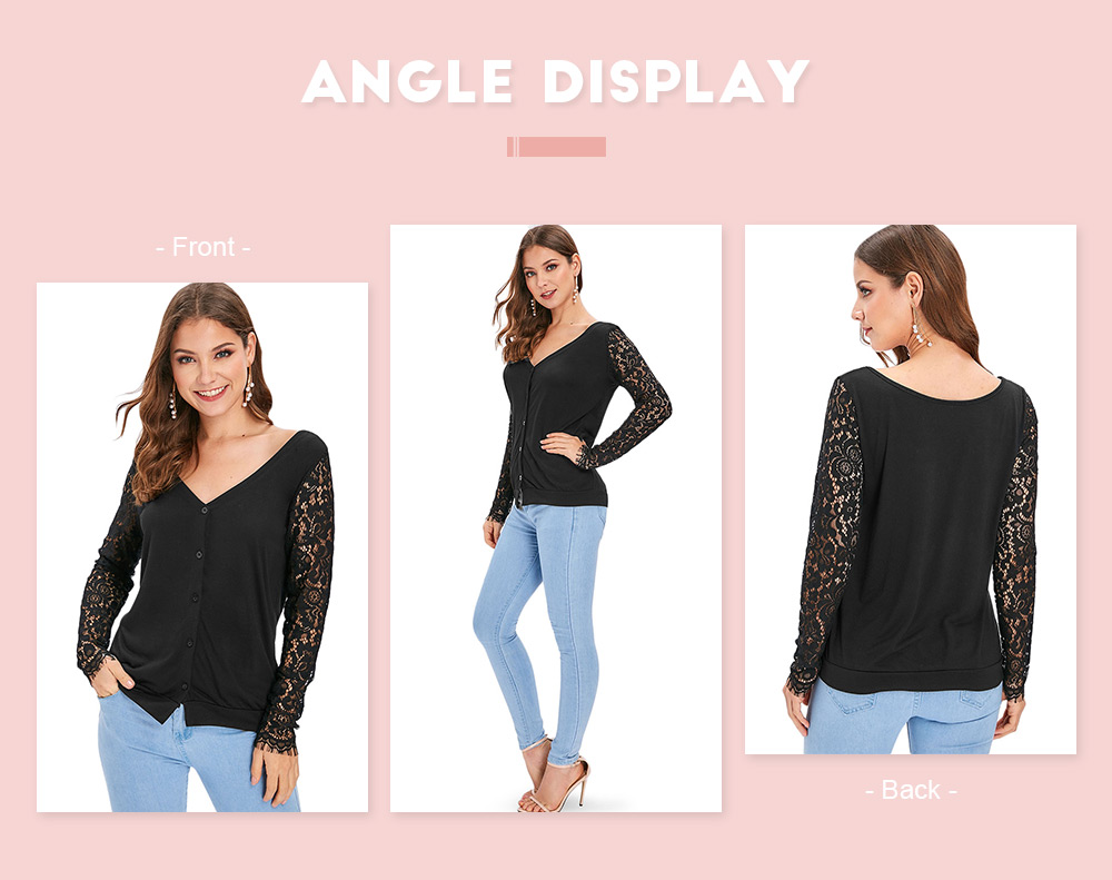 Button Up Lace Panel Long Sleeve Top