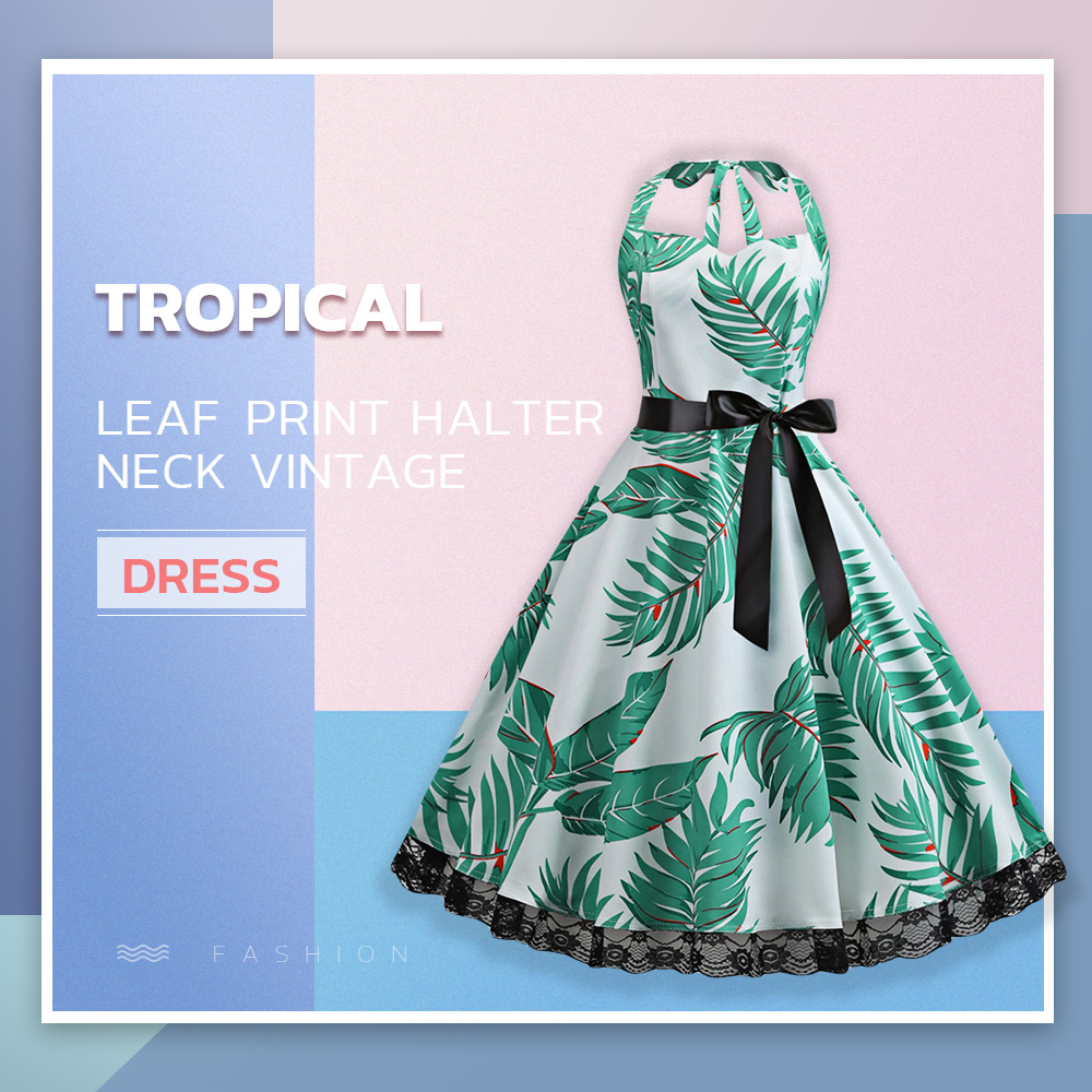 Tropical Leaf Print Halter Neck Vintage Dress