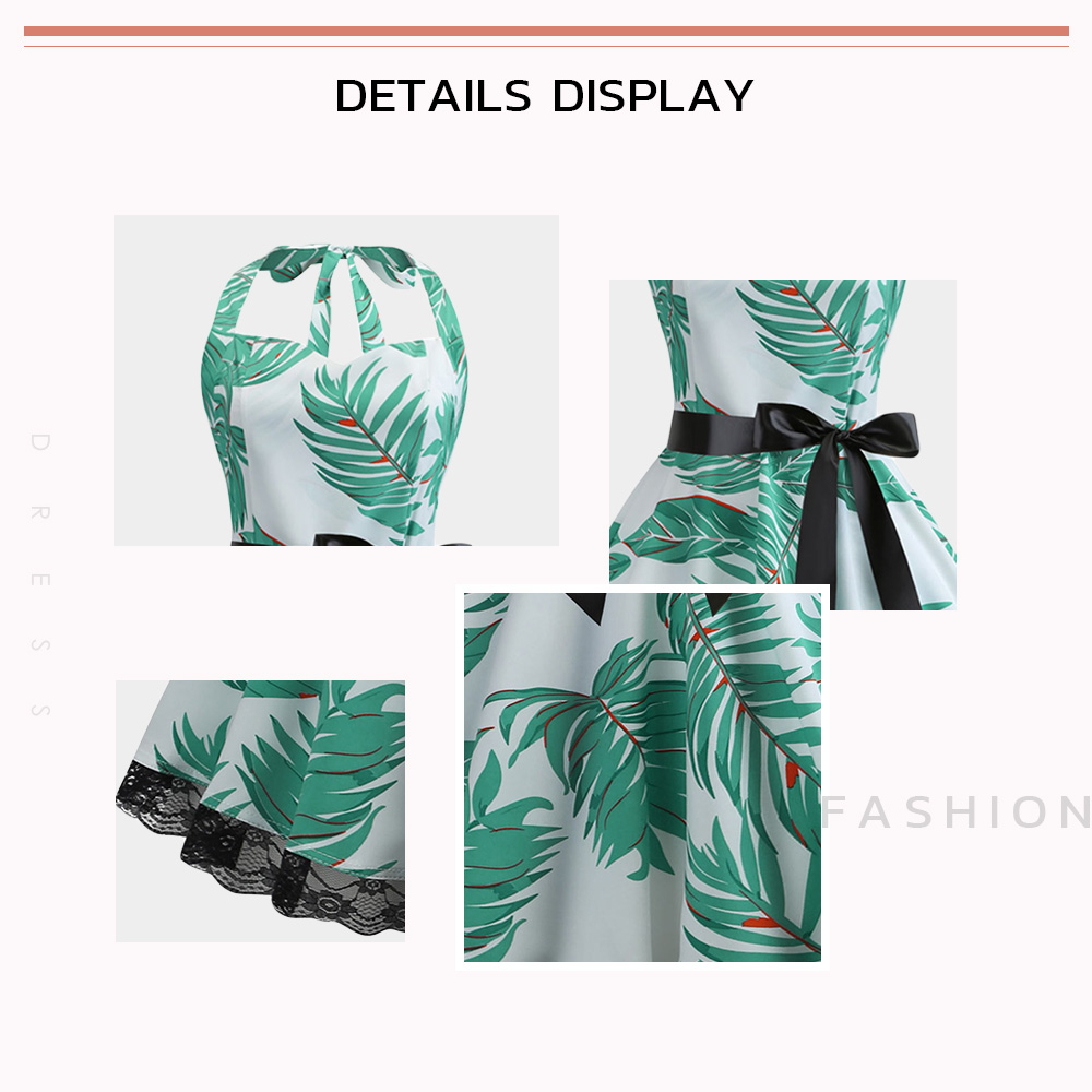 Tropical Leaf Print Halter Neck Vintage Dress