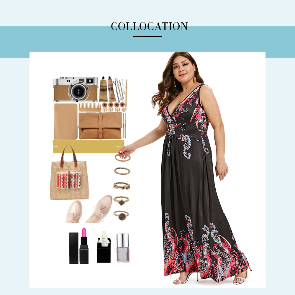 Plus Size V Neck Tribal Print Maxi Dress