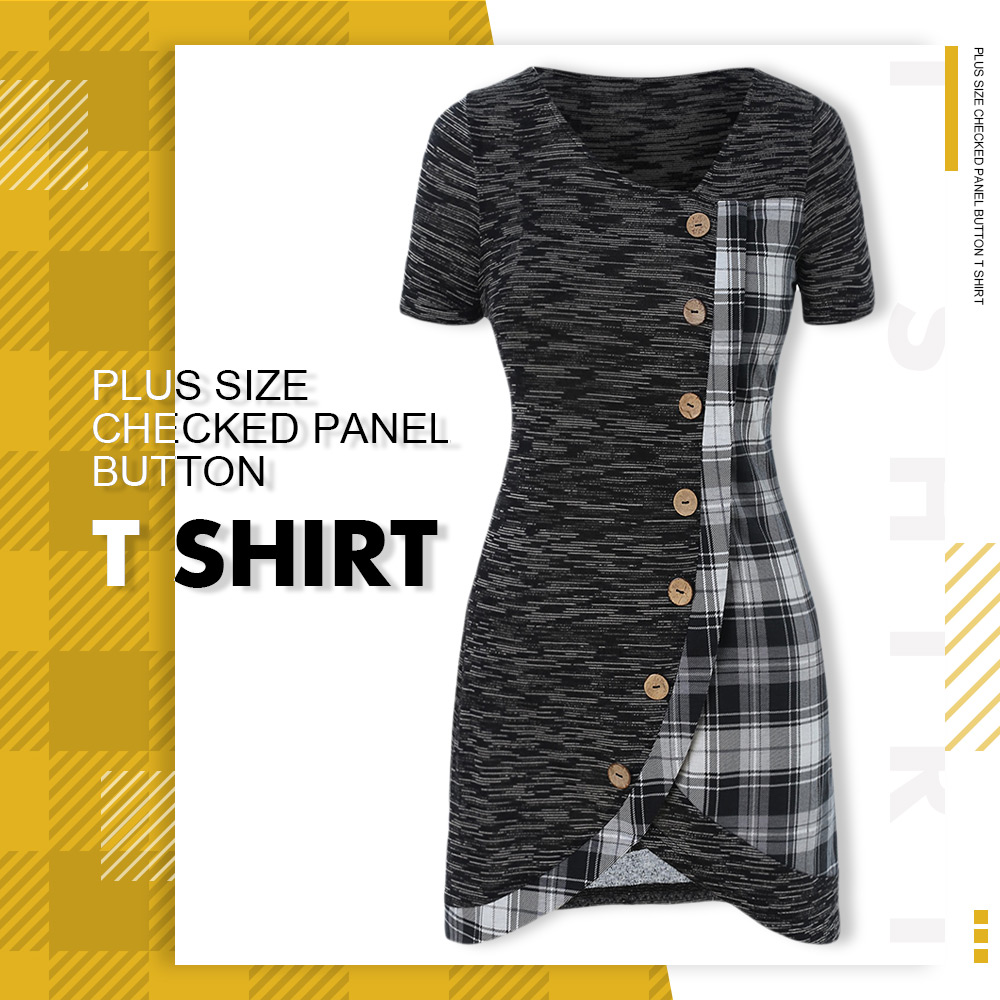 Plus Size Checked Panel Button T Shirt