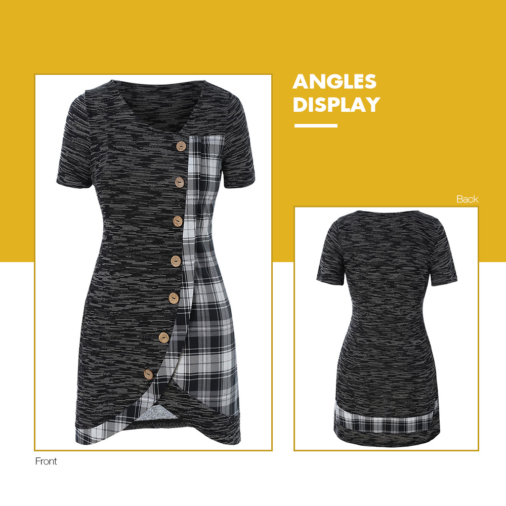 Plus Size Checked Panel Button T Shirt