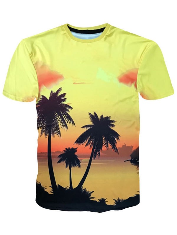 Hawaiian Crew Neck Coconut Trees Sunset Print T-shirt - Yellow ...